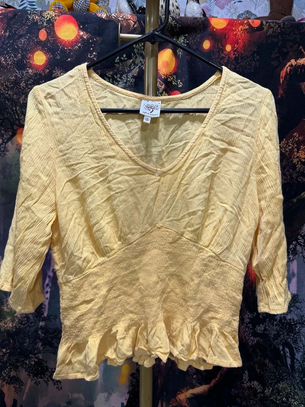 Self Esteem Blouse Size M Yellow V Neck Smocked Waist Textured Peplum